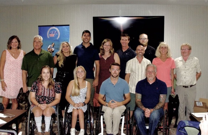 Members of the United States Adaptive Water Ski Team were introduced at the awards Banquet. Pictured from left to right are standing (Susan , Mike, Elisha, Brian, Jessica,Craig, Cam, Elijah,Katie, and Keith) and seated (Sarah, Abigayle , connor and chuck).